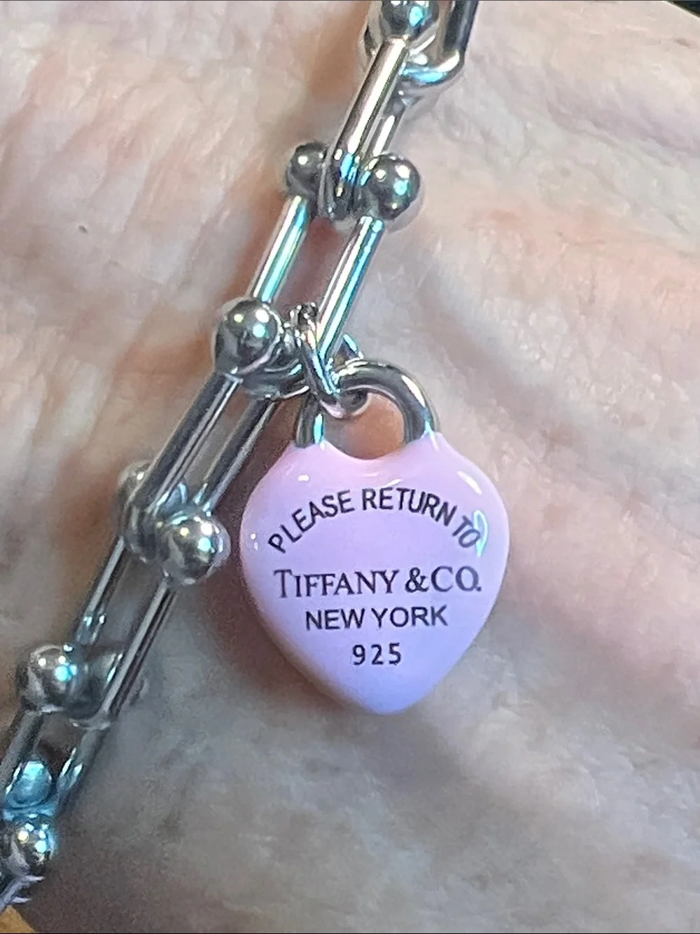 Stainless Steel Bead Link Bracelet with Pink Heart Tag